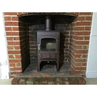 Clearview 400 P on a log store in brown with satin chrome fittings 5kw multi fuel stove
