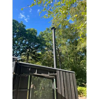 Black TW PRO flue with telescopic roof brace kit on a log cabin in the woods