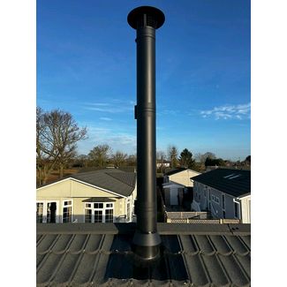Black twin wall flue through the roof of a mobile home using black sticky flashing 