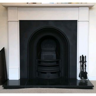 Capital fireplaces Hersham mantel in Aegean limestone with Cast iron arched insert for an open fire