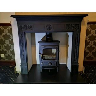 Stovax Victorian matt black cast iron mantel with a Clearview Pioneer 400 5kw m/f stove