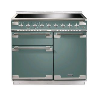 Rangemaster Elise in mineral green all electric range cooker with induction top on display in our showroom